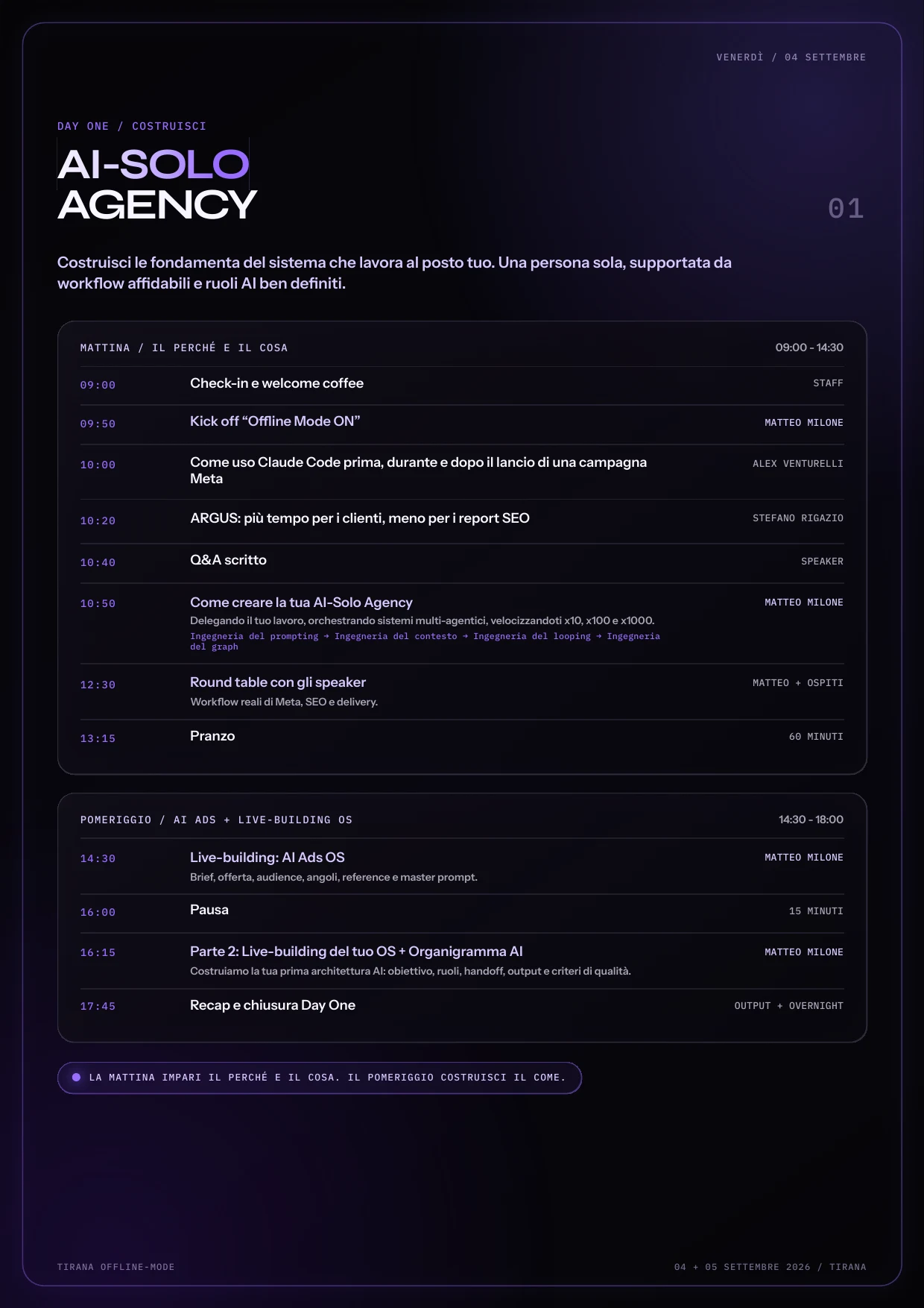 Programma del Day One dedicato alla costruzione dell'AI-Solo Agency