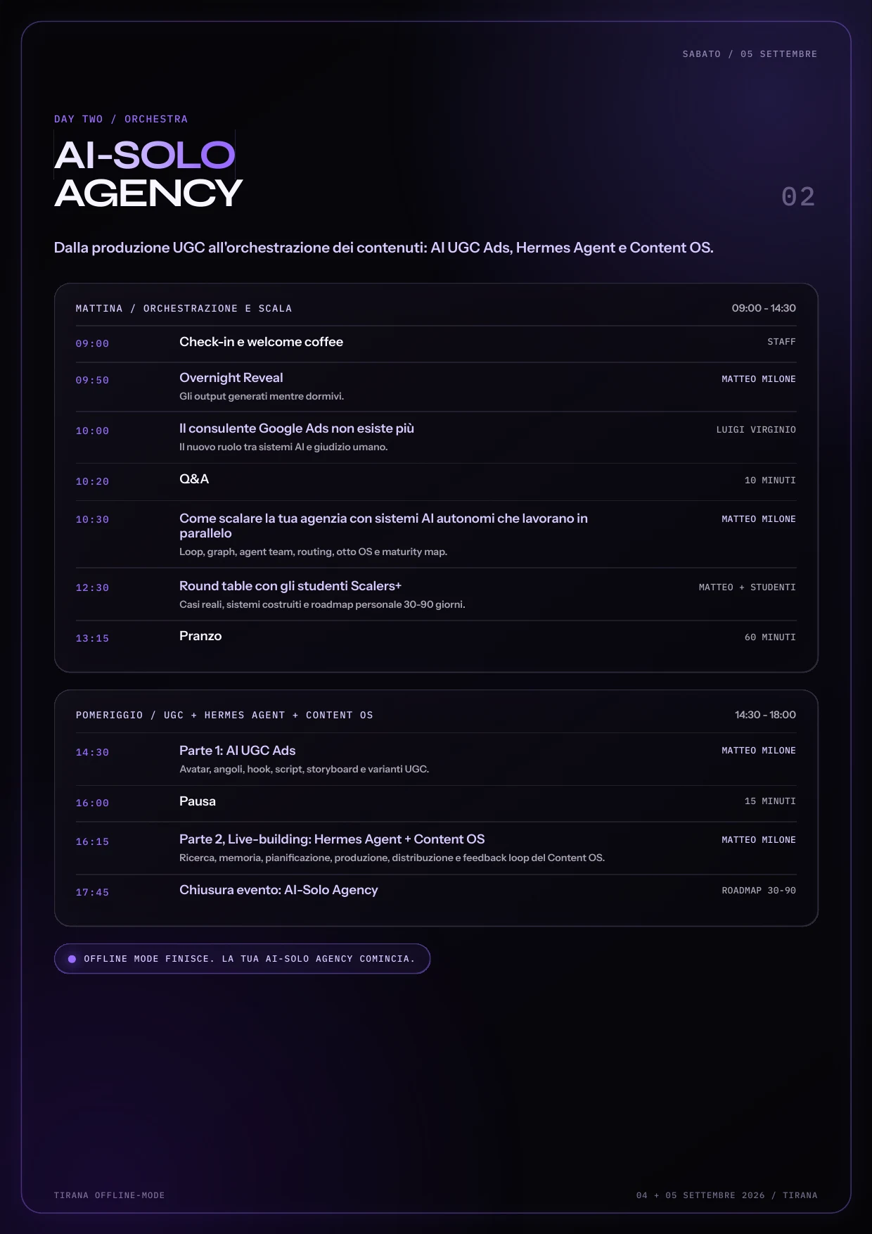Programma del Day Two dedicato all'orchestrazione e alla scala dell'AI-Solo Agency
